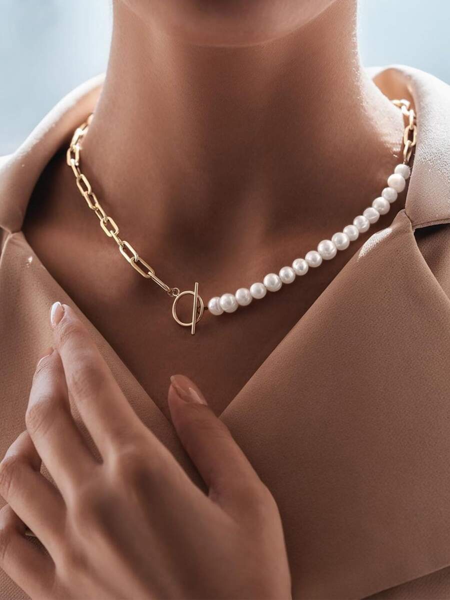 Collar De Hebilla Ot Decorado Con Perlas Falsas