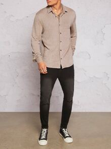 Manfinity RebelGame 男士素色前紐扣T恤 - 杏色 - 查看 5