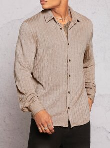 Manfinity RebelGame 男士素色前紐扣T恤 - 杏色 - 查看 6