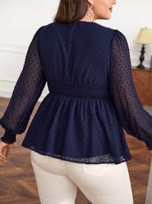 SHEIN Frenchy Plus Swiss Dot Guipure Lace Insert Lantern Sleeve Peplum Blouse - Navy Blue - View 6