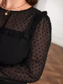 SHEIN Frenchy Plus Size Swiss Polka Dot Patchwork Sheer Shirt With Frill Hem