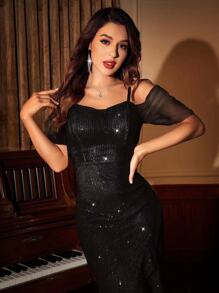 SHEIN Belle Contrast Mesh Cold Shoulder Asymmetrical Ruffle Hem Sequin Formal Dress Elegant Prom Semi Formal Wedding Guest Dress, For Birthday, Graduation, Homecoming Party Dress - Black - View 4