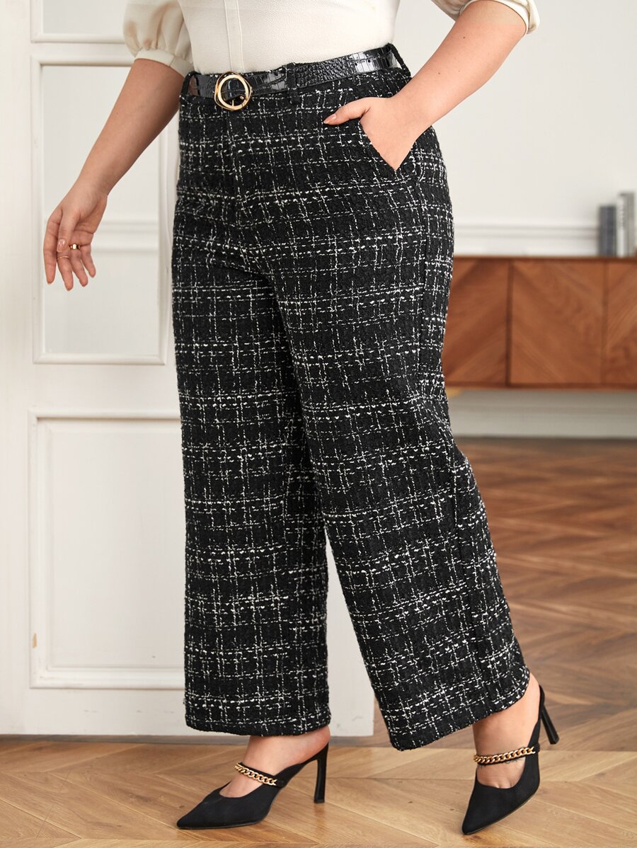 SHEIN Frenchy Plus Plaid Pattern Slant Pocket Tweed Trousers Without Belt - Black - View 1