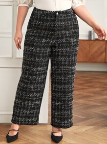 SHEIN Frenchy Plus Plaid Pattern Slant Pocket Tweed Trousers Without Belt - Black - View 5
