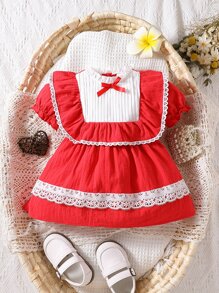 Bebé Vestido con encaje en contraste ribete con fruncido de manga farol con lazo delantero - Rojo - Ver 1