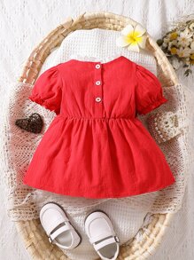 Bebé Vestido con encaje en contraste ribete con fruncido de manga farol con lazo delantero - Rojo - Ver 2