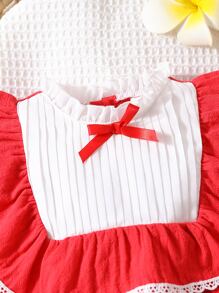 Bebé Vestido con encaje en contraste ribete con fruncido de manga farol con lazo delantero - Rojo - Ver 4