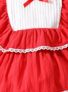 Bebé Vestido con encaje en contraste ribete con fruncido de manga farol con lazo delantero - Rojo - Ver 5