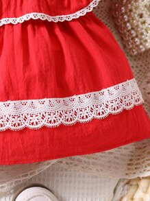Bebé Vestido con encaje en contraste ribete con fruncido de manga farol con lazo delantero - Rojo - Ver 6