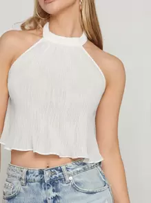 Hauture Ruffle Tied Back Crop Chiffon Top - White - View 3