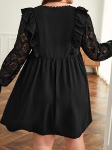 SHEIN Frenchy Plus Contrast Lace Ruffle Trim Flounce Sleeve Smock Dress - Black - View 6