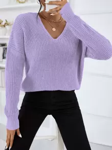 SHEIN Essnce V Neck Drop Shoulder Jumper - Lilac Purple - View 1