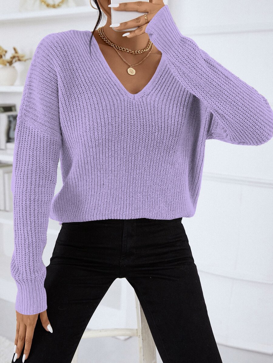 SHEIN Essnce V Neck Drop Shoulder Jumper - Lilac Purple - View 1