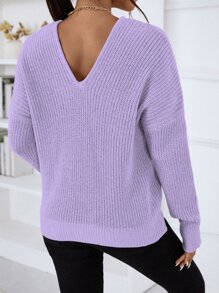 SHEIN Essnce V Neck Drop Shoulder Jumper - Lilac Purple - View 2
