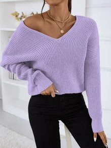 SHEIN Essnce V Neck Drop Shoulder Jumper - Lilac Purple - View 3