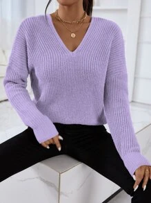 SHEIN Essnce V Neck Drop Shoulder Jumper - Lilac Purple - View 4