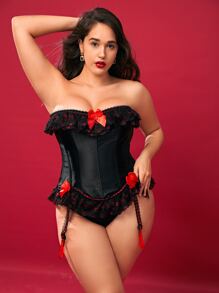 Corsé con encaje en contraste ribete con fruncido con diseño de lazo - Negro - Ver 3