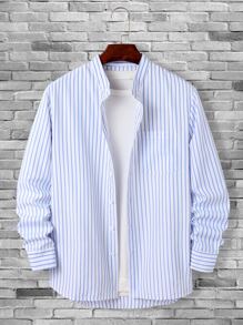 Manfinity Homme Men Vertical Striped Patched Pocket Shirt Without Tee - Blue and White - View 1