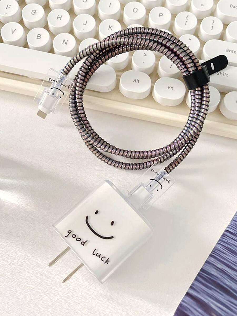 5入組套微笑圖案防斷裂數據線保護套和充電器頭套 - 黑與白 - 查看 1