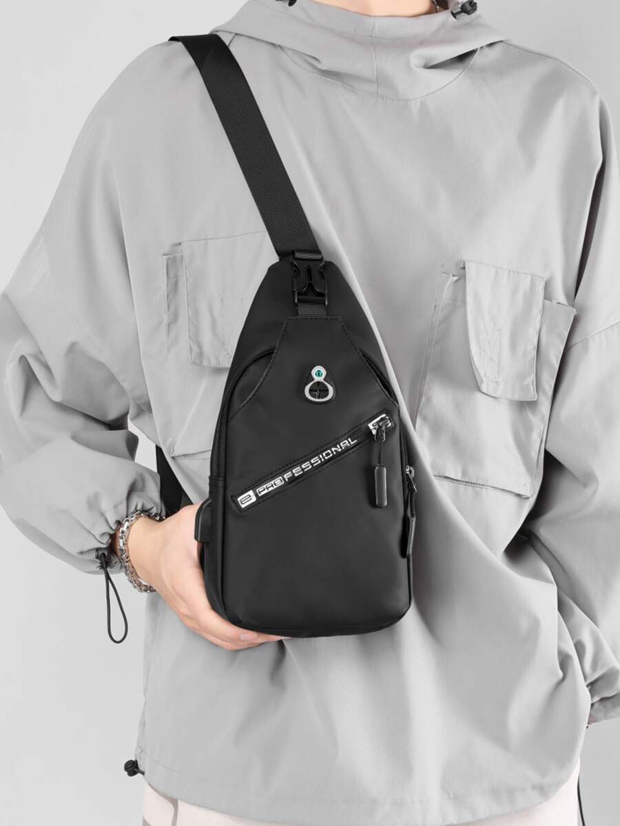 Mini Men Letter Graphic Tai nghe chi tiết lỗ Túi đeo chéo Túi ngực - màu đen - Xem 1