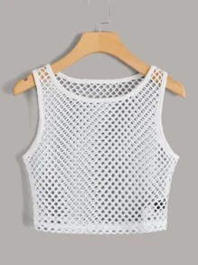 SHEIN Coolane Open Knit Crop Tank Top - White - View 1