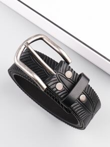Men Embossed Detail Rectangle Buckle Belt With Punch Tool - Black - View 1