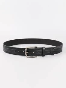 Men Embossed Detail Rectangle Buckle Belt With Punch Tool - Black - View 4