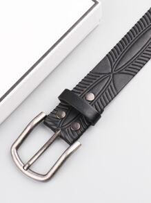 Men Embossed Detail Rectangle Buckle Belt With Punch Tool - Black - View 5
