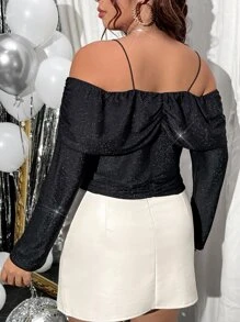 Celure Plus Cold Shoulder Ruched Glitter Tee - Black - View 3