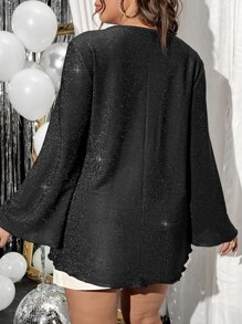 Plus Tie Front Trumpet Sleeve Glitter Tee - Black - View 3