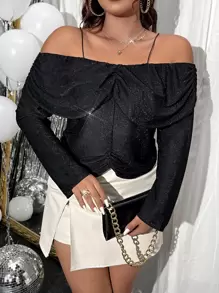 Celure Plus Cold Shoulder Ruched Glitter Tee - Black - View 1