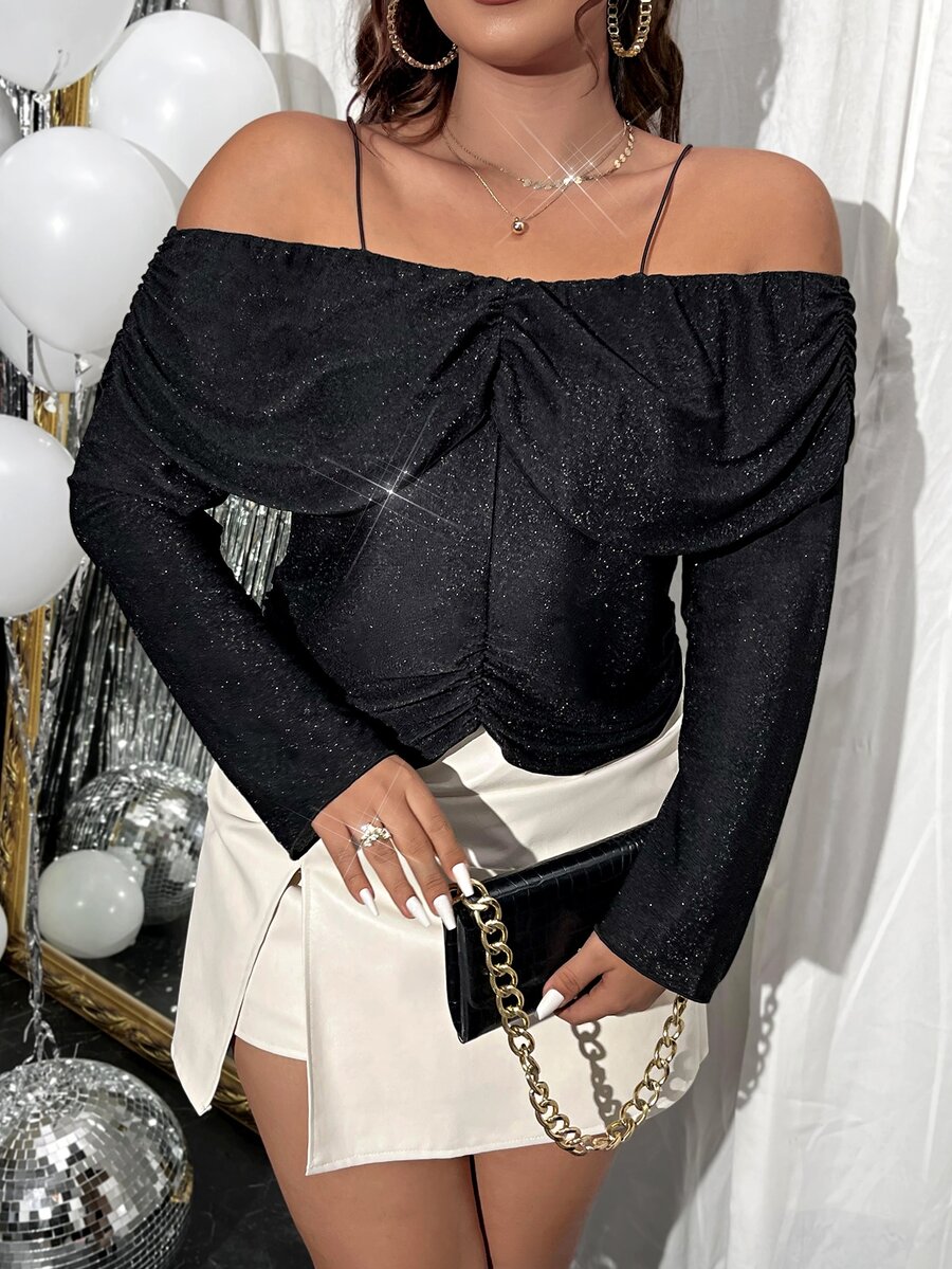 Celure Plus Cold Shoulder Ruched Glitter Tee - Black - View 1