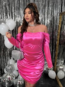 SHEIN BAE Plus Off Shoulder Ruched Satin Bodycon Dress - Hot Pink - View 6