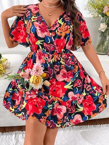 SHEIN Holidaya Vestido con estampado floral de manga mariposa bajo con fruncido - Multicolor - Ver 3