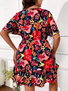 SHEIN Holidaya Vestido con estampado floral de manga mariposa bajo con fruncido - Multicolor - Ver 4