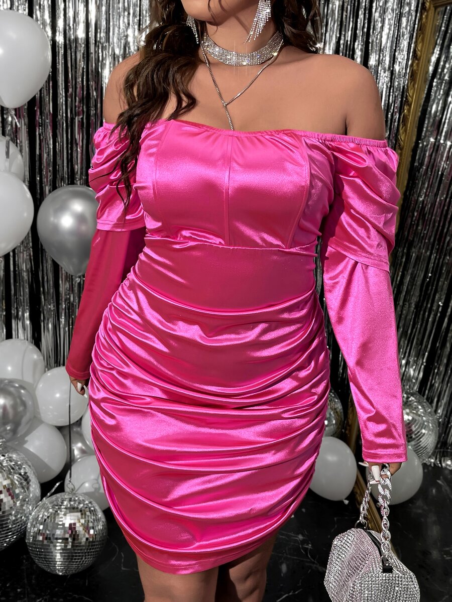 SHEIN BAE Plus Off Shoulder Ruched Satin Bodycon Dress - Hot Pink - View 1