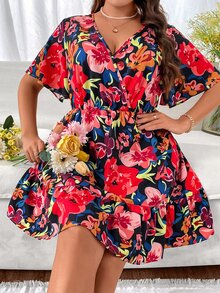 SHEIN Holidaya Vestido con estampado floral de manga mariposa bajo con fruncido - Multicolor - Ver 2