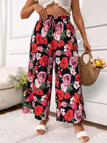 SHEIN LUNE Plus Allover Floral Print Wide Leg Trousers - Multicolor - View 3