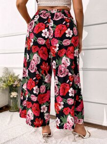SHEIN LUNE Plus Allover Floral Print Wide Leg Trousers - Multicolor - View 1