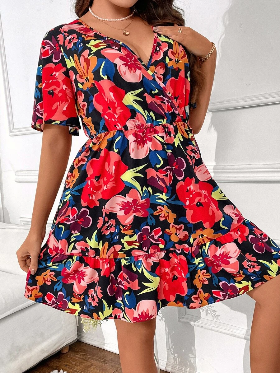 SHEIN Holidaya Vestido con estampado floral de manga mariposa bajo con fruncido - Multicolor - Ver 1
