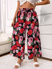 SHEIN LUNE Plus Allover Floral Print Wide Leg Trousers - Multicolor - View 4