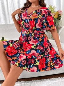 SHEIN Holidaya Vestido con estampado floral de manga mariposa bajo con fruncido - Multicolor - Ver 8