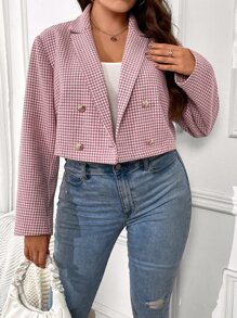 Celure Plus Houndstooth Print Double Breasted Blazer - Dusty Pink - View 2