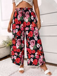 SHEIN LUNE Plus Allover Floral Print Wide Leg Trousers - Multicolor - View 7