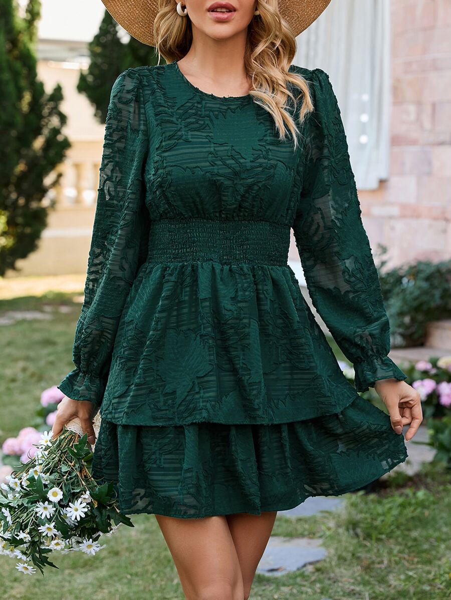 SHEIN LUNE Jacquard Flounce Sleeve Two Layer Hem Dress - Green - View 1