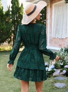 SHEIN LUNE Jacquard Flounce Sleeve Two Layer Hem Dress - Green - View 2