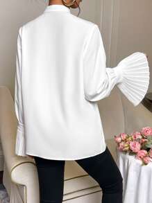 SHEIN Privé Mock Neck Flounce Sleeve Pleated Detail Blouse - White - View 2
