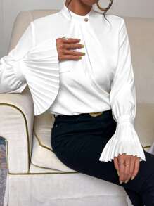 SHEIN Privé Mock Neck Flounce Sleeve Pleated Detail Blouse - White - View 3