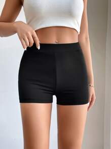 SHEIN PETITE Solid Biker Shorts - Black - View 1
