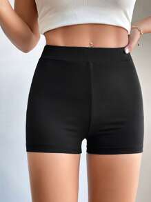 SHEIN PETITE Solid Biker Shorts - Black - View 3